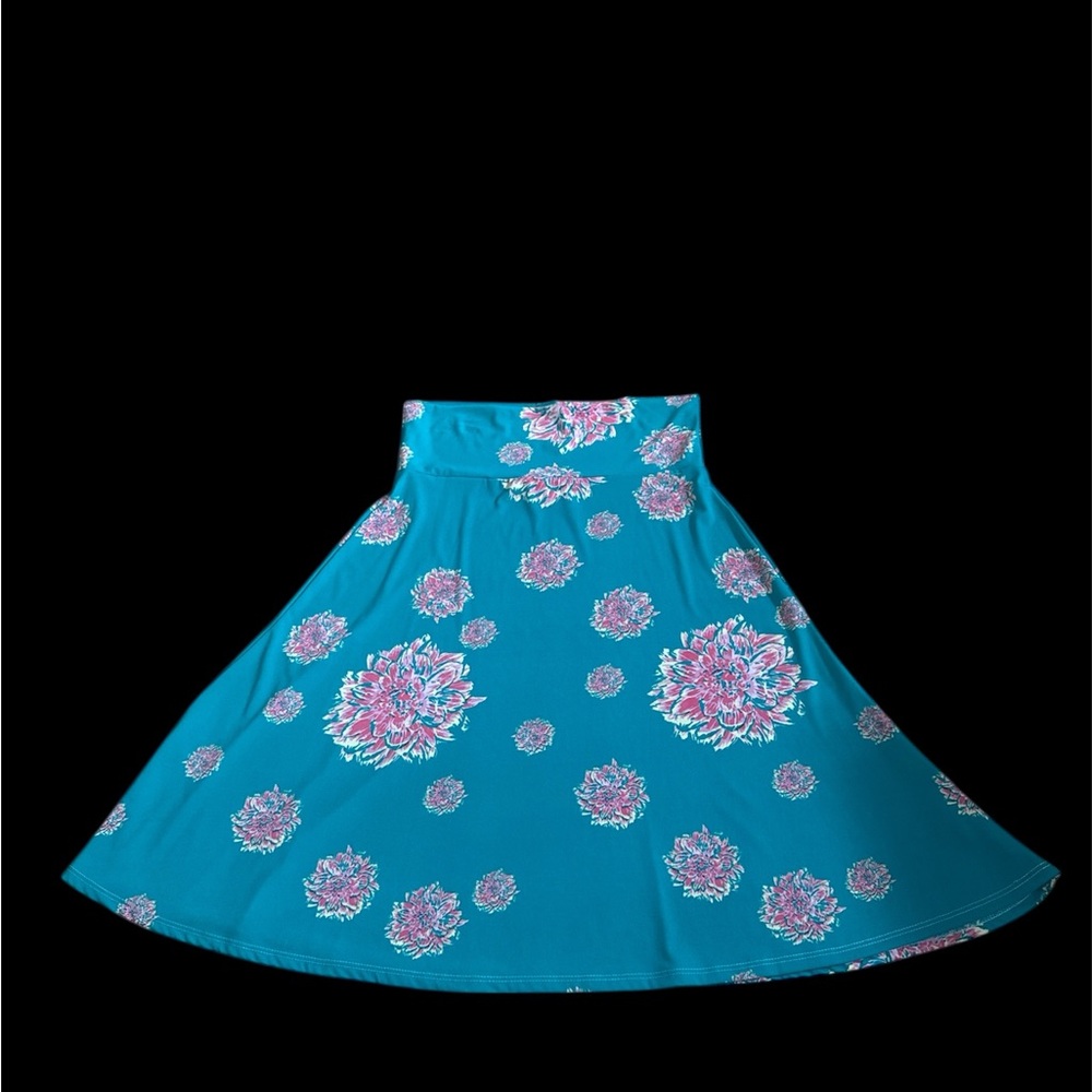LuLaRoe Teal A-Line Skirt with Pink Floral Design